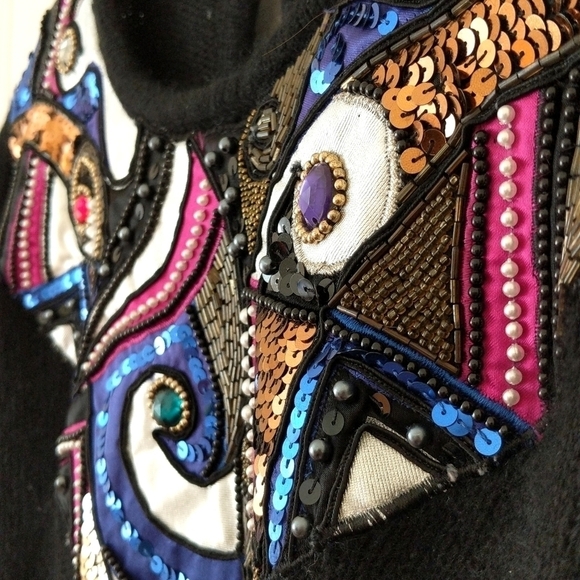 I. B. Diffusion 80's Vintage Funky Embellished Patch Yoke Silk Sweater Black L - Picture 4 of 12